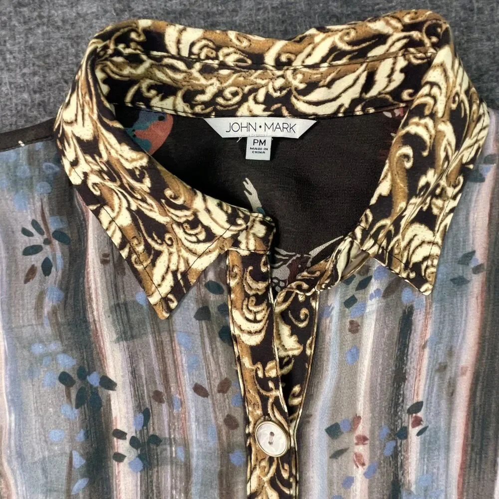 John Mark PM Mixed Print Patchwork Tunic Roll Tab Button Down Blouse Bird Artsy - Picture 4 of 14